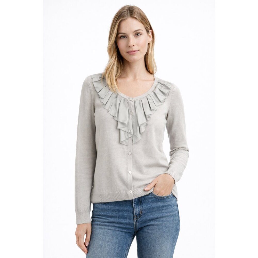 Halogen Light Gray Ruffle Button Front Cotton Cardigan Sweater M